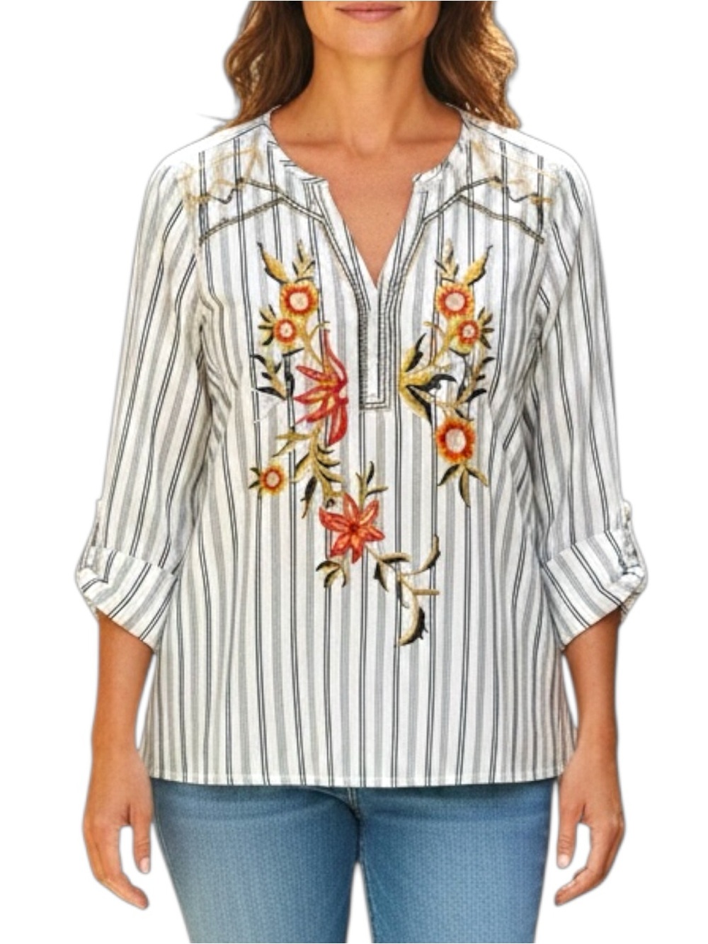 Multiples Sz XL Embroidered Floral Stripe V-Neck Roll Tab Sleeves Blouse Top